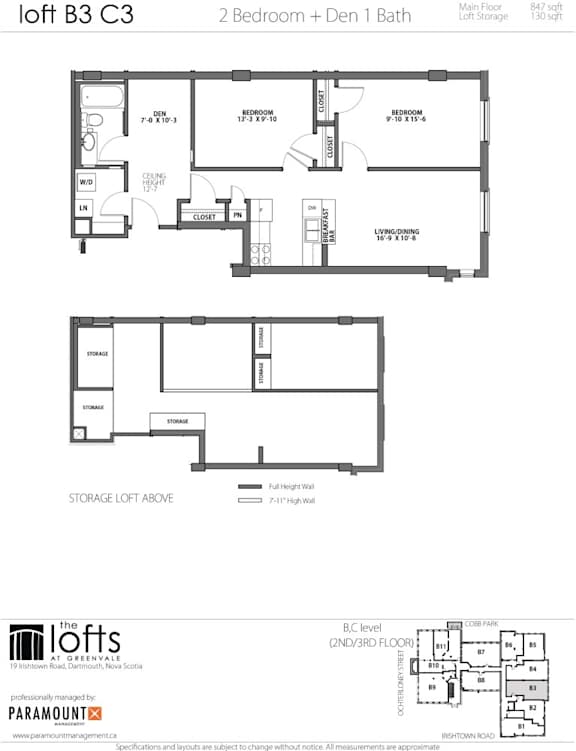 A floor plan for a loft apartment with two bedrooms and den with one bath.