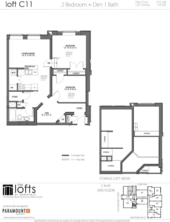 A floor plan for a loft apartment with two bedrooms and one bath.