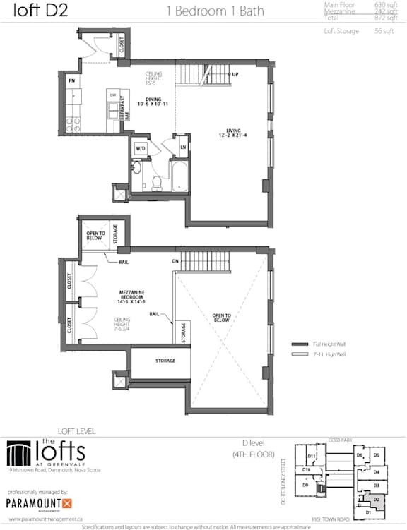 A floor plan for a loft apartment with a living area, two bedrooms, a bathroom, and storage.