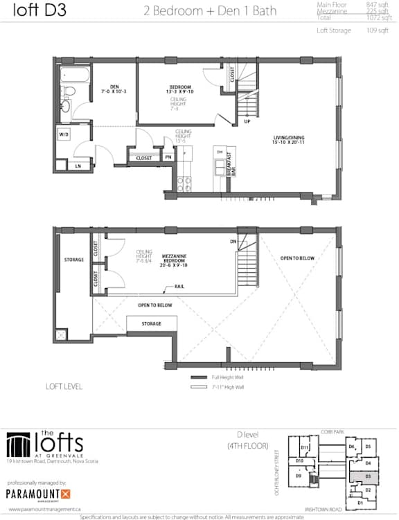 A floor plan for a loft apartment with two bedrooms and one bathroom.