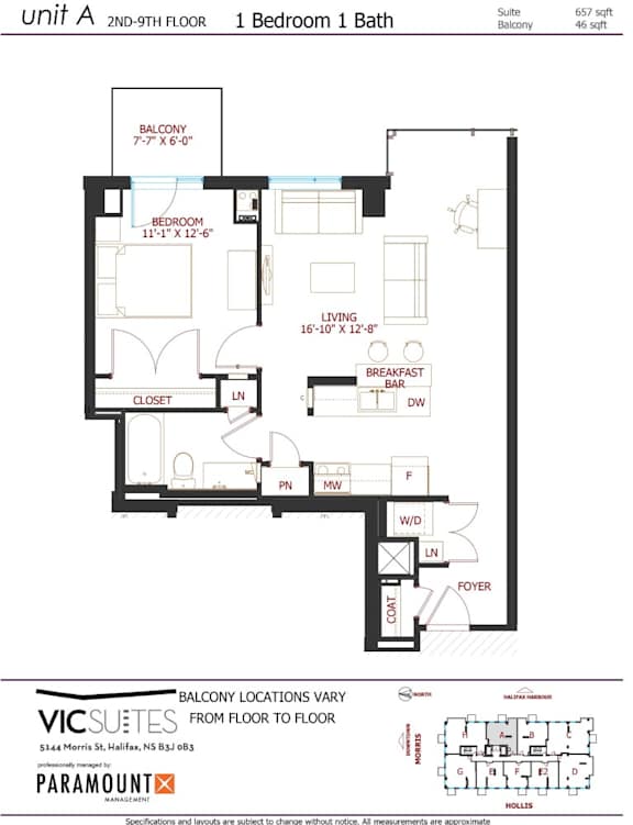 A floor plan for a 2nd-9th floor apartment with 1 bedroom and 1 bathroom.