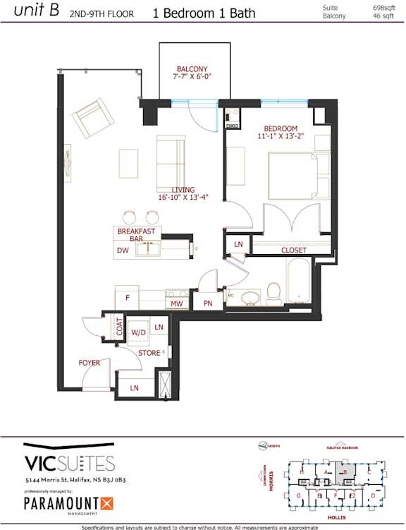 A floor plan for a suite in the 2nd-9th floor of a building.