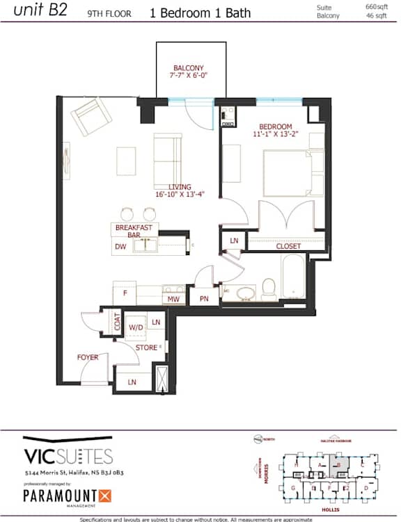 A floor plan for a 9th floor apartment with 1 bedroom and 1 bath.