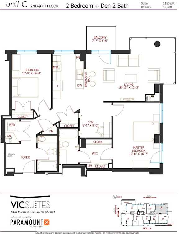 A floor plan for a 2 bedroom, 2 bath unit on the 2nd-9th floor.