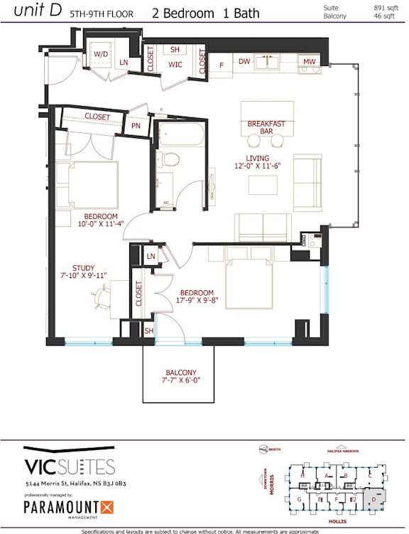 A floor plan for a 2 bedroom apartment with 1 bath.
