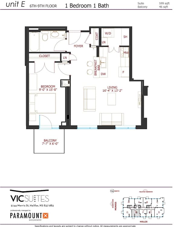 A floor plan for a 1 Bedroom 1 Bath suite on the 6th-9th floor.