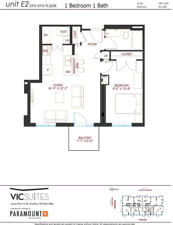 A floor plan for a 1 Bedroom 1 Bath suite on the 59th floor of a building.