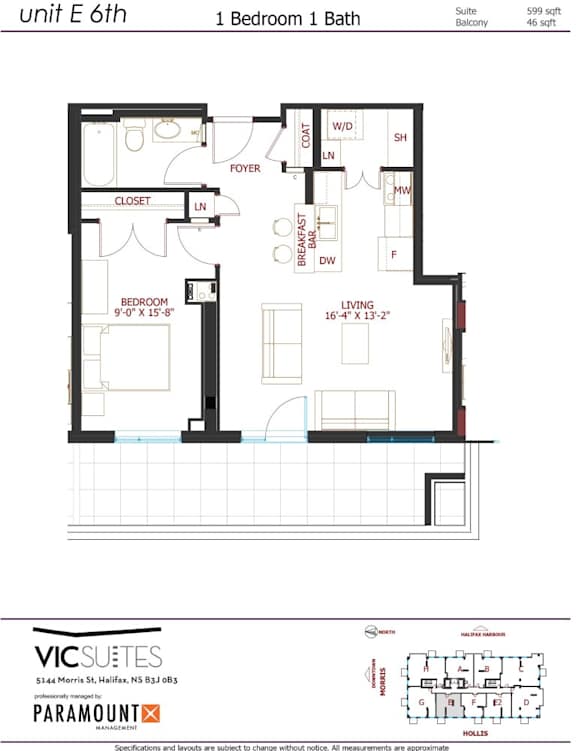 A floor plan for a 1 Bedroom 1 Bath suite at Vic Suites.