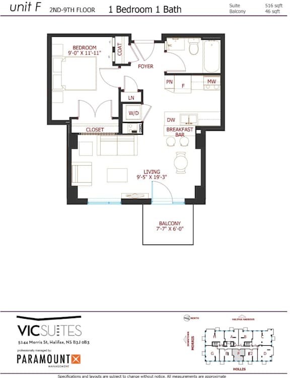 A floor plan for a 2nd-9th floor apartment with 1 bedroom and 1 bath.