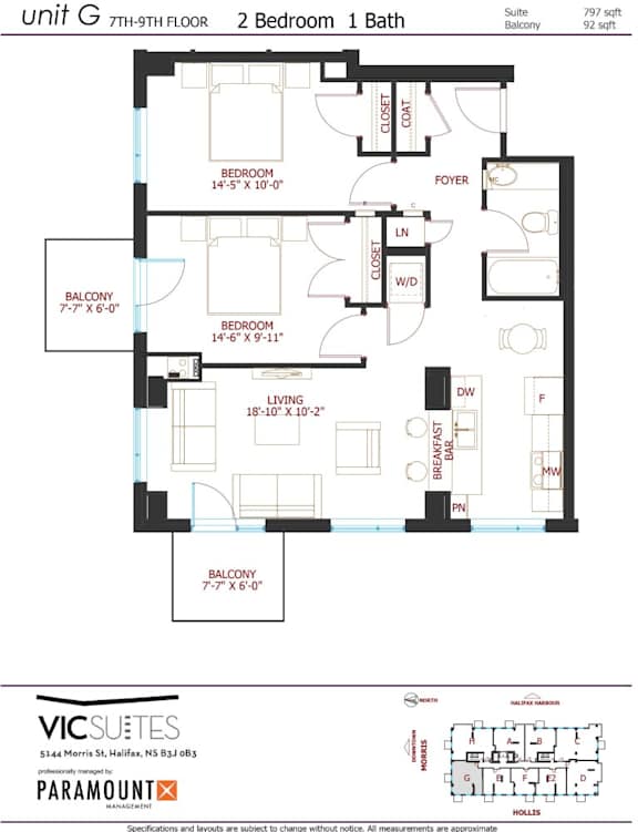 A floor plan for a unit G 7th-9th floor with 2 bedrooms and 1 bath.
