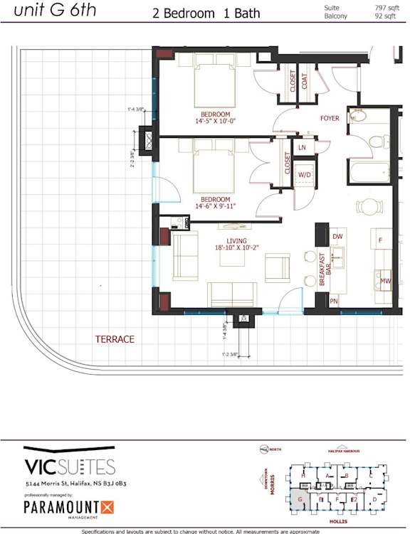 A floor plan for a unit G 6th with 2 bedrooms and 1 bath.