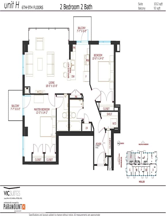 A floor plan for a 2 Bedroom 2 Bath apartment in the 6th to 9th floors.