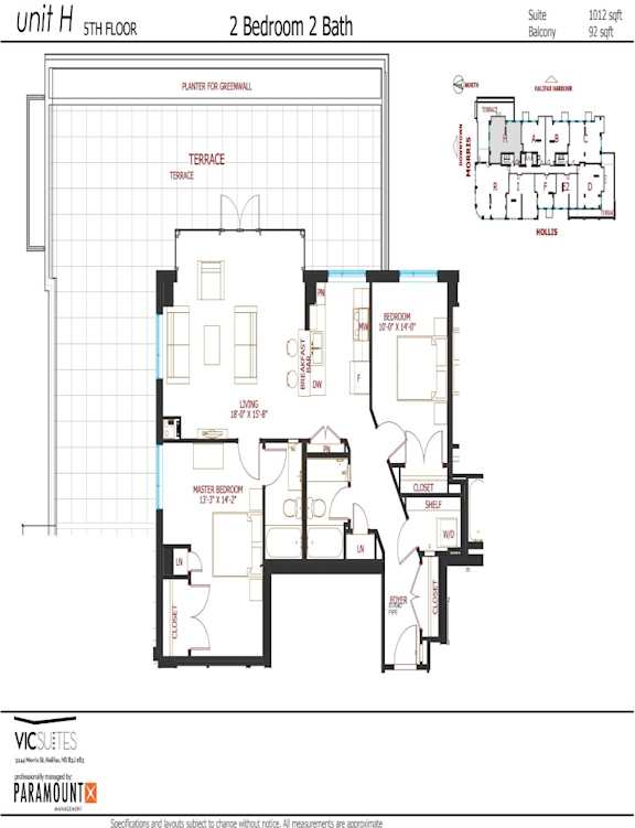 A floor plan of a 2 Bedroom 2 Bath unit on the 5th floor.