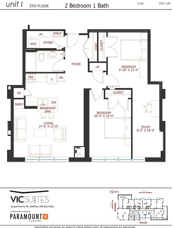 A floor plan for a 5th floor apartment with 2 bedrooms and 1 bath.