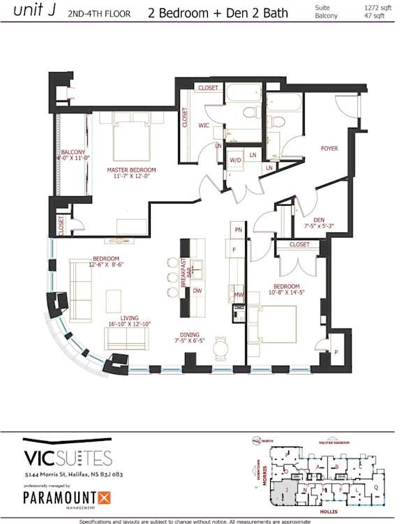 A floor plan for a 2 bedroom apartment with den and 2 bathrooms.