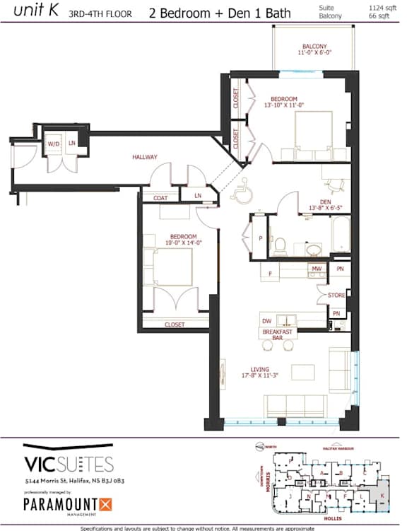 A floor plan for a 3rd-4th floor apartment with 2 bedrooms and 1 bathroom.