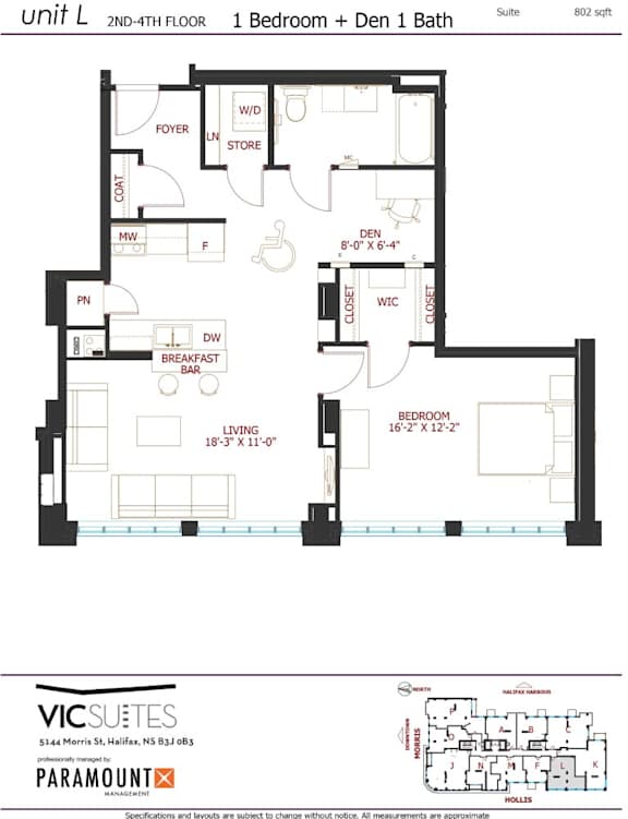 A floor plan for a 2nd-4th floor apartment with 1 bedroom and 1 bath.