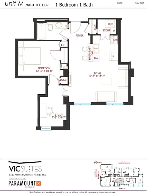 A floor plan for a 1 Bedroom 1 Bath suite at Vic Suetes.