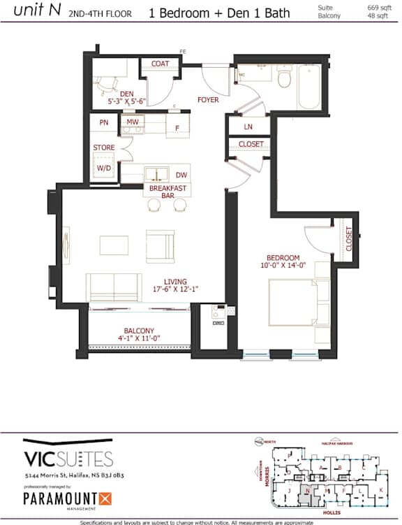 A floor plan for a 2nd-floor apartment with one bedroom and one bath.