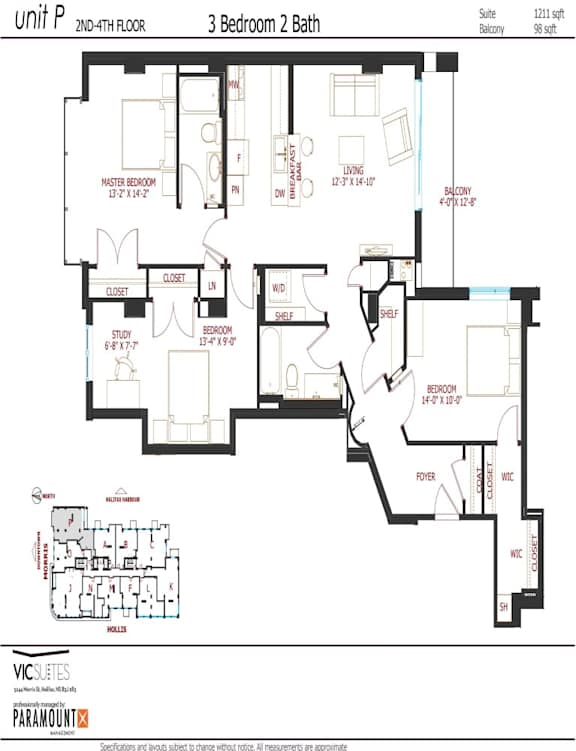 A floor plan of a 3 Bedroom 2 Bath unit on the 2nd floor.