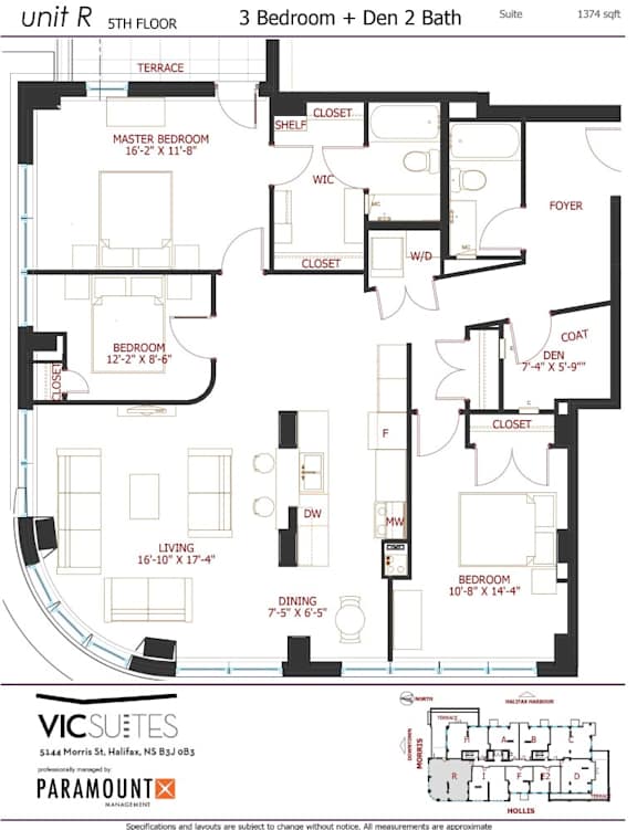 A floor plan for a unit R on the 5th floor with 3 bedrooms and 2 bathrooms.