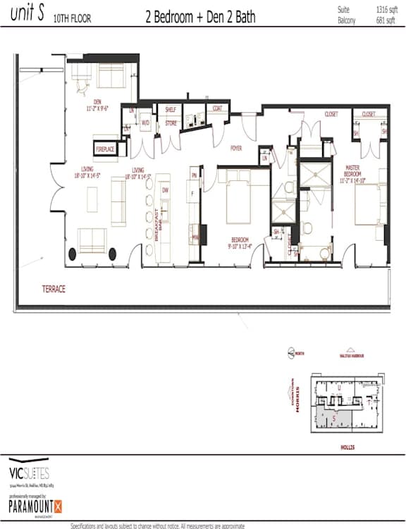 A floor plan for a 10th floor apartment with 2 bedrooms and 2 bathrooms.
