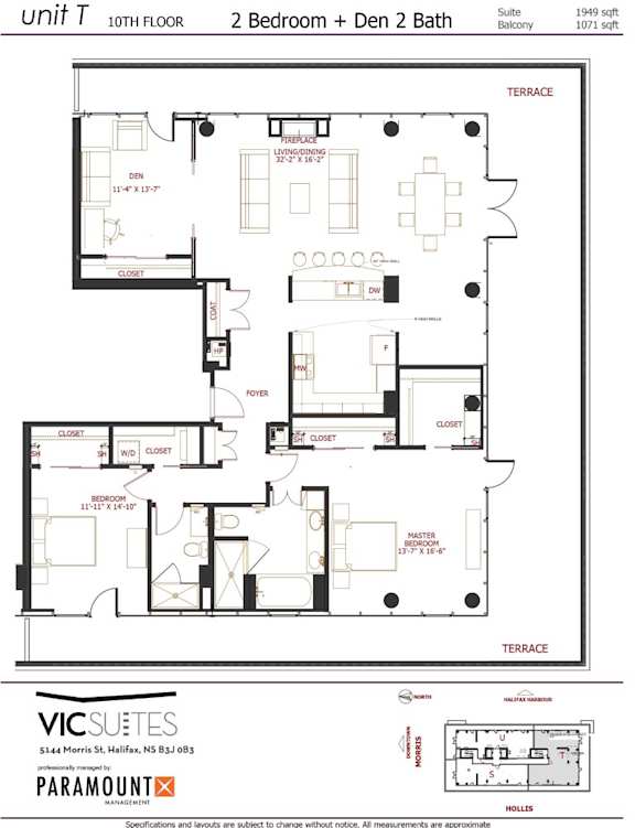 A floor plan for a 10th floor suite with two bedrooms and two bathrooms.