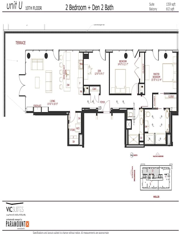 A floor plan for a 10th floor apartment with 2 bedrooms and a den with 2 bathrooms.