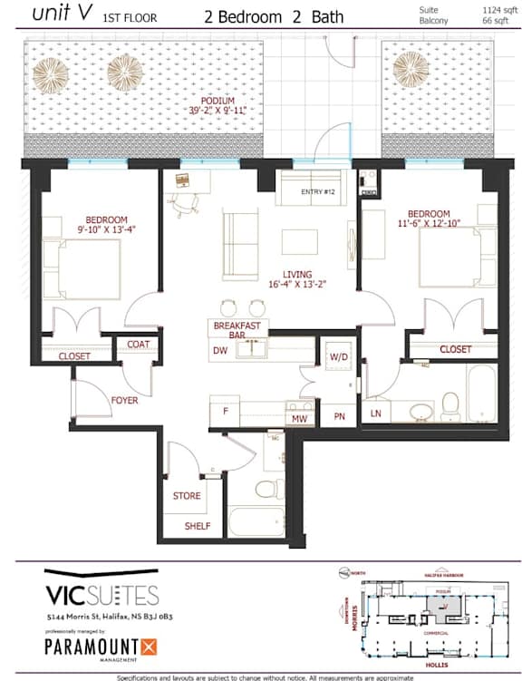 A floor plan for a unit with a 1st floor, 2 bedrooms, and 2 bathrooms.