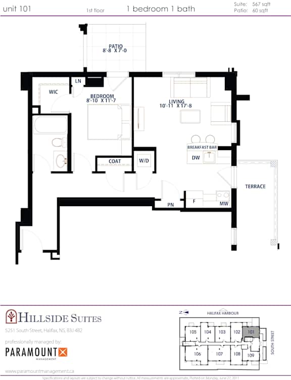 Floor plan for unit 101 at Hillside Suites.