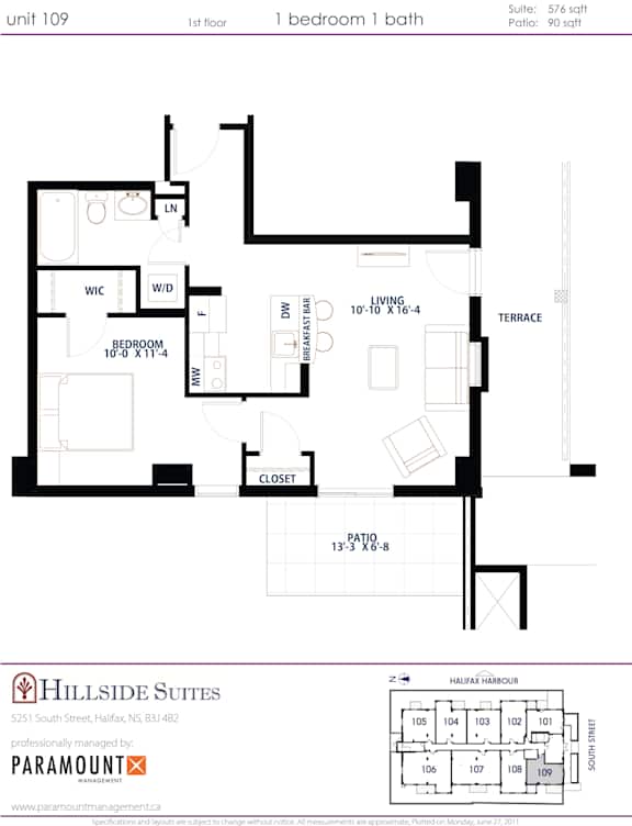 A floor plan for Hillside Suites shows a 1 bedroom 1 bath apartment.