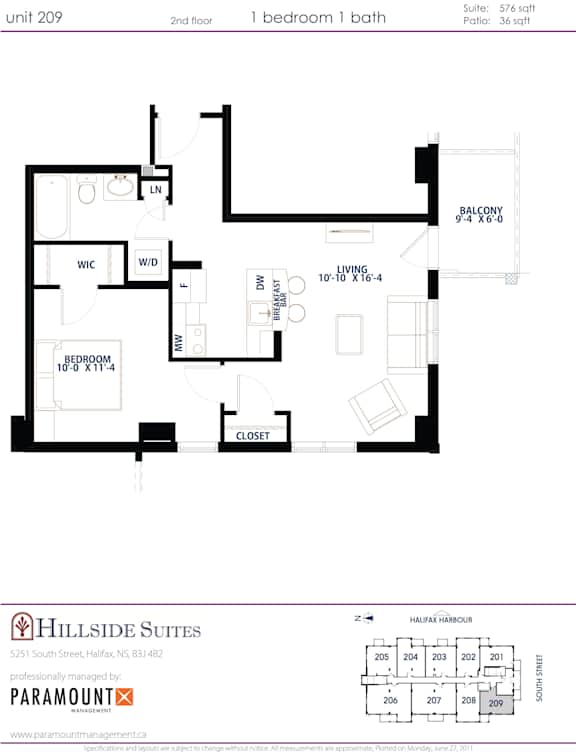 A floor plan for a 2nd floor apartment with 1 bedroom 1 bath.