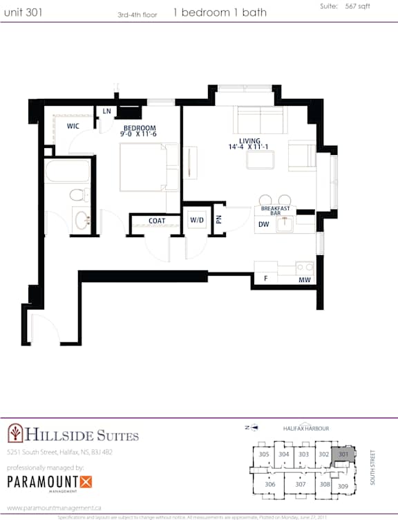 A floor plan for a 301 unit suite at Hillside Suites.