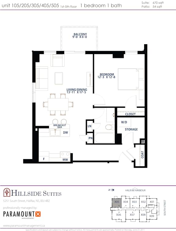 A floor plan for a 1 bedroom 1 bath suite at Hillside Suites.
