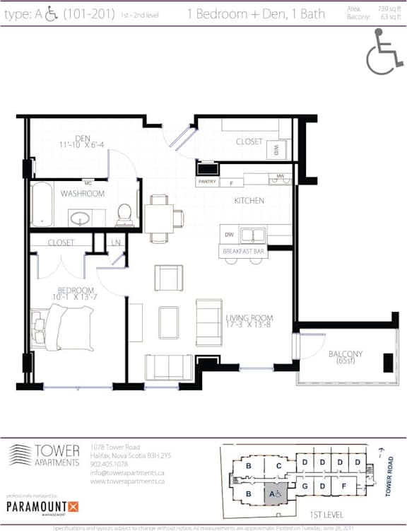 A black and white image of a floor plan for a 1 bedroom apartment with den and 1 bath.