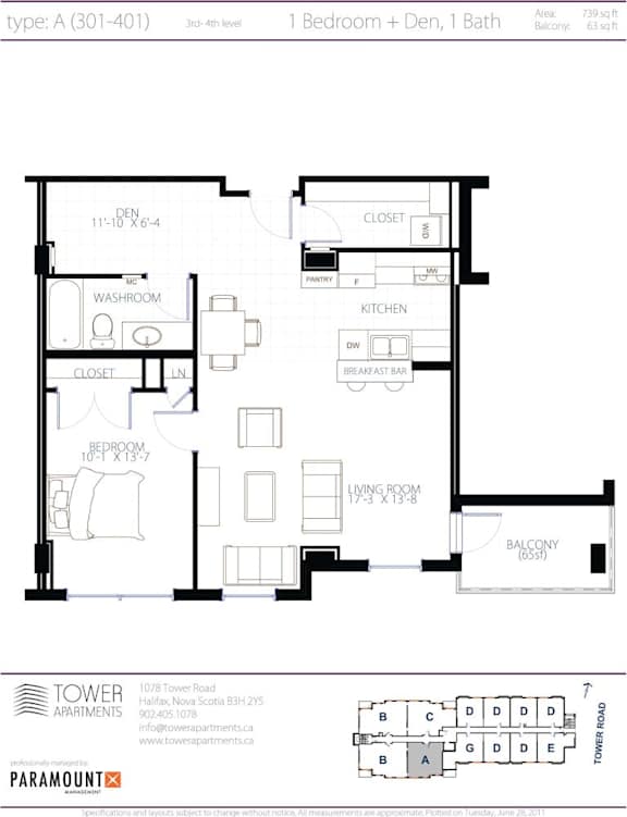 A black and white image of a floor plan for a 3rd-floor apartment with one bedroom and one bath.