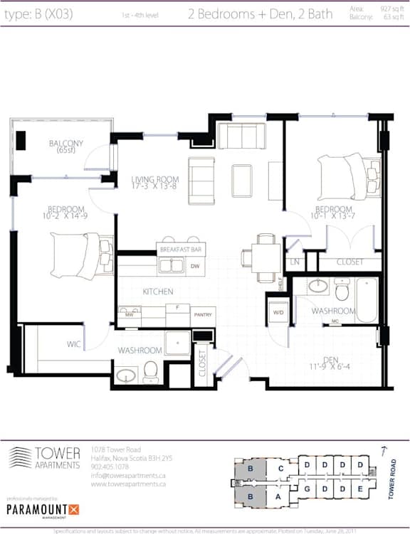 A black and white image of a floor plan for a 1st to 4th level apartment with 2 bedrooms and 2 bathrooms.