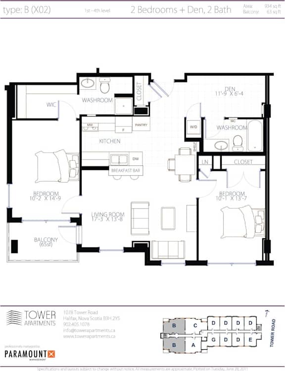 A black and white image of a floor plan for a 2 bedroom apartment.