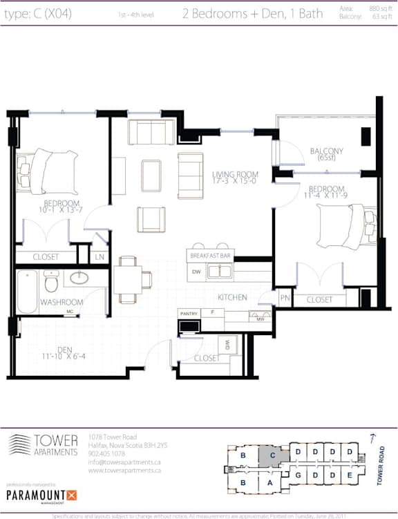 A black and white image of a floor plan for a 1st to 4th level apartment with 2 bedrooms and 1 bath.