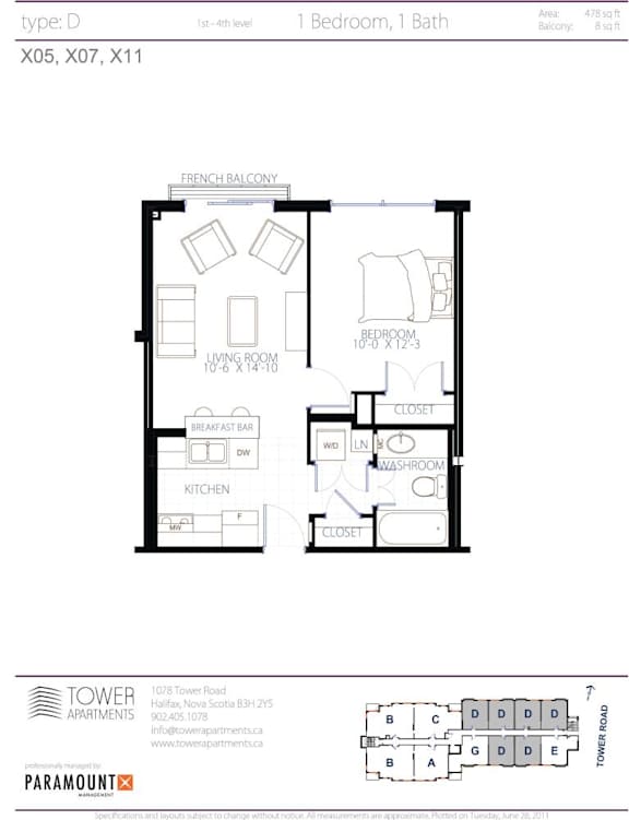 A floor plan for a 1 bedroom, 1 bath apartment.