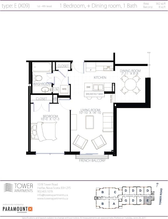 A black and white floor plan for a 1 bedroom, 1 dining room, 1 bath apartment.