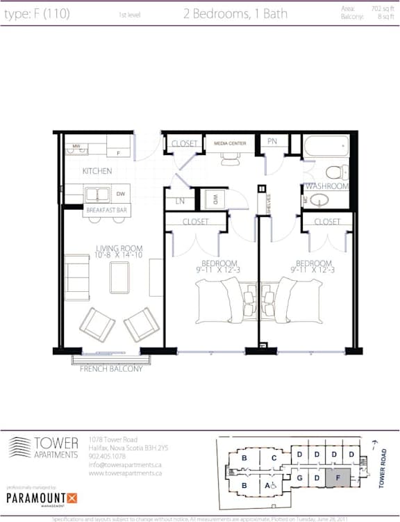 A floor plan for a 1st level apartment with 2 bedrooms and 1 bath.