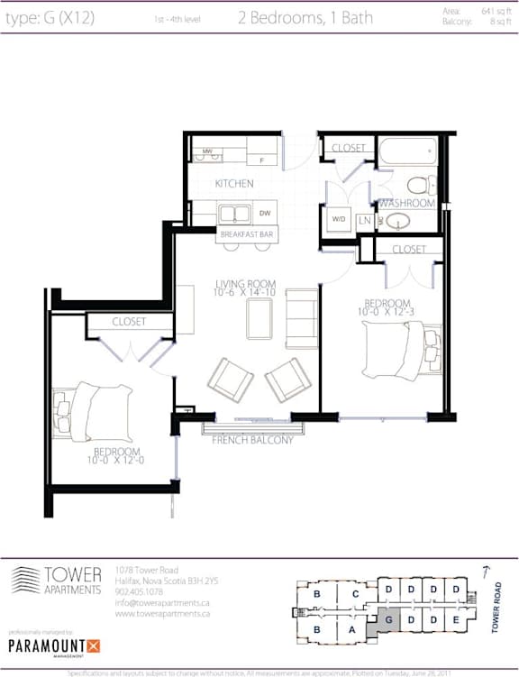 A black and white image of a floor plan for a 1st to 4th level apartment with 2 bedrooms and 1 bath.