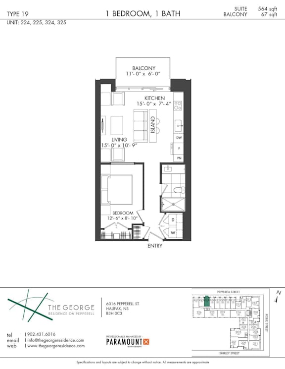 A floor plan for a 1 bedroom, 1 bath apartment at The George Residences on Pepperell Street.
