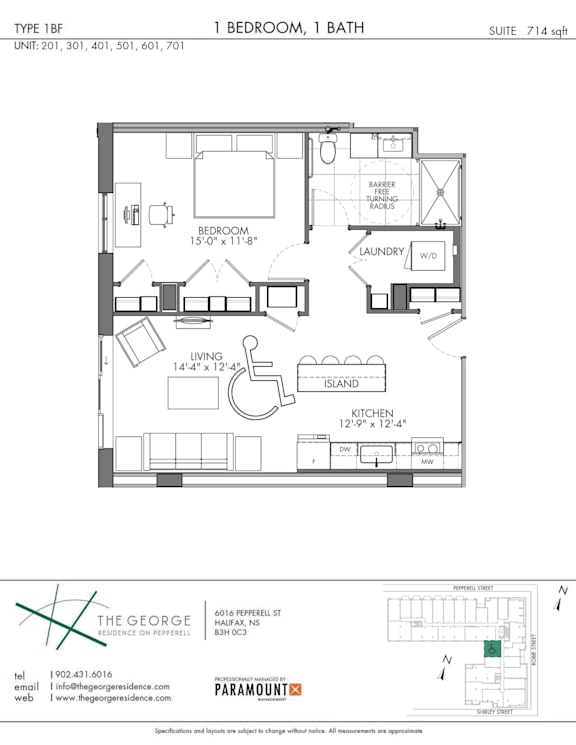 A floor plan for a 1 bedroom, 1 bath apartment.