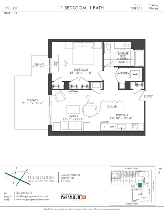 A floor plan for a 1 bedroom, 1 bath apartment.