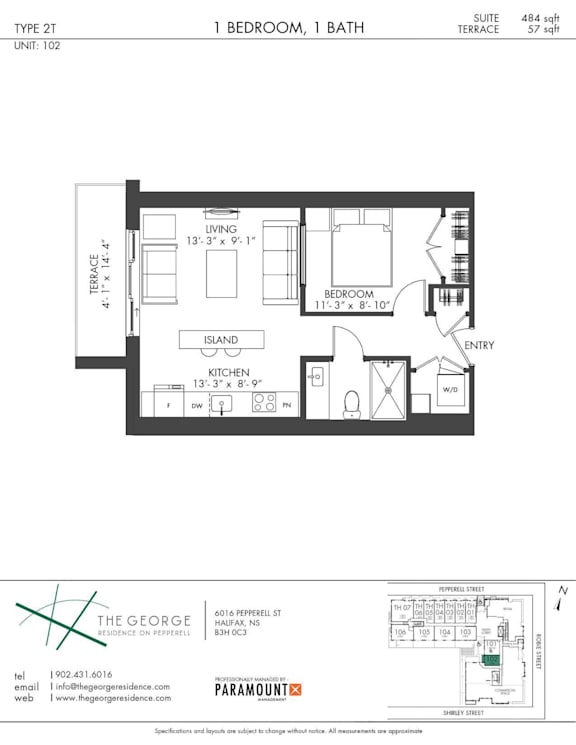 A floor plan for a 1 bedroom, 1 bath apartment.