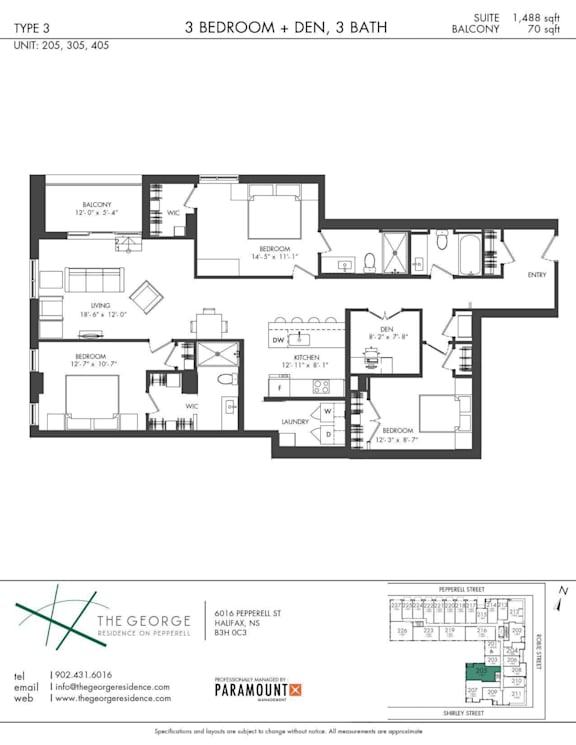 A floor plan for a 3 bedroom, 3 bathroom suite at The George Residences on Pepperell Street.