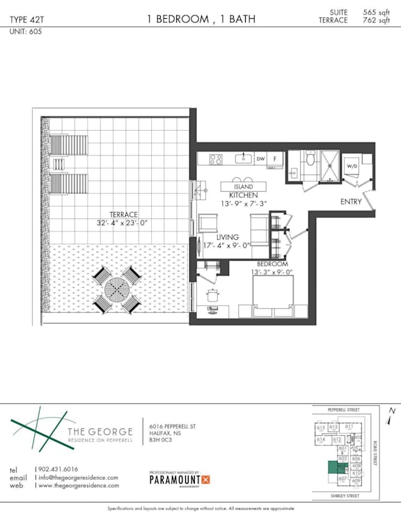 A floor plan for a 421 type apartment with 1 bedroom and 1 bath.
