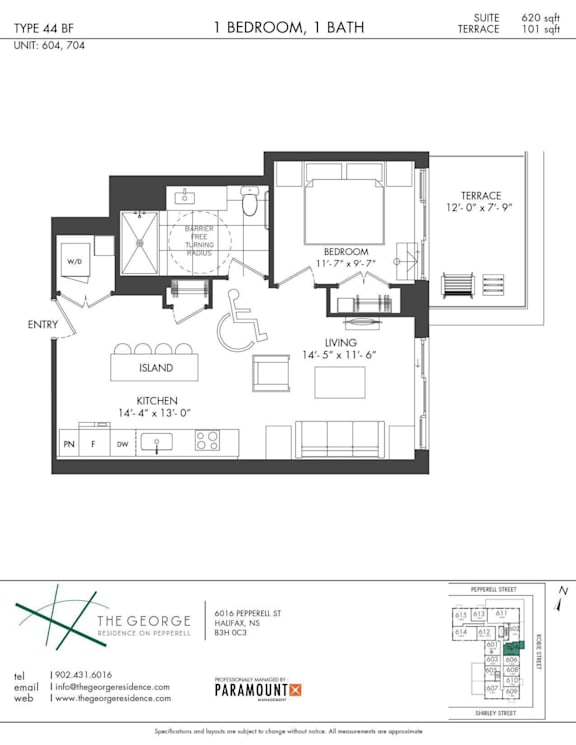 A floor plan for a 44 BF apartment with 1 bedroom and 1 bath.